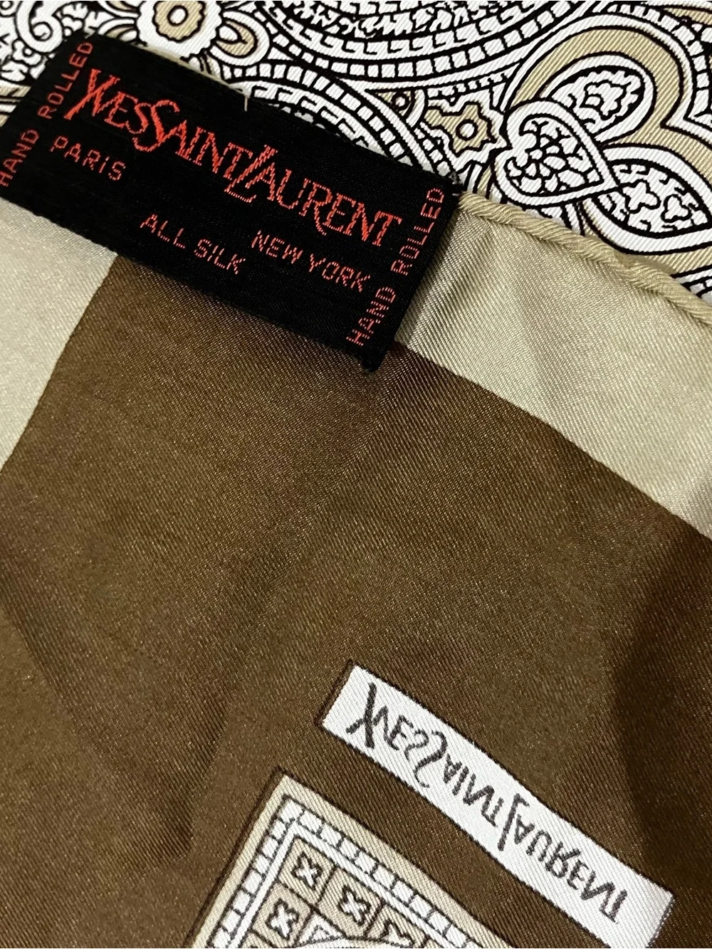 70s-80s Yves Saint Laurent Brown and Cream Paisley Silk Pocket Square/Scarf